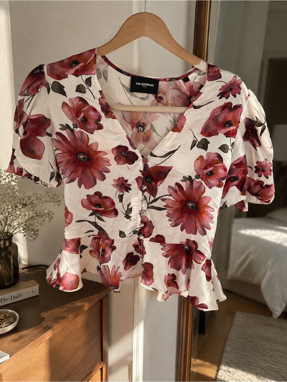 The Kooples White Blouse with Red-Pink Floral Print